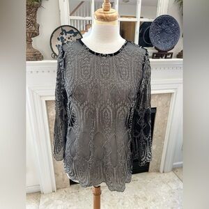 NWT Ultra Pink Black /Silver Metallic Sheer Lace Blouse